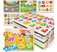 SYNARRY Puzzle in Legno per Bambini 1-4 Anni - 6 Pezzi con Rack, Apprendimento Alfabeto, Numeri, Forme, Animali, Dinosauri, Veicoli - Giocattolo Educativo con Supporto