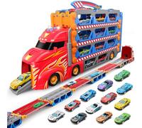 SYNCFUN Camion da corsa giocattolo per bambini da 2,3 m, pieghevole, a 3 strati, con 12 auto da corsa in metallo pressofuso, luci e suoni, regalo per bambini di 3, 4 e 5 anni, blu