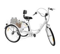 SYNCMH Triciclo per adulti, 24 pollici, pieghevole, 7 marce, 3 ruote, con cestino, luce frontale a LED, porta bevande e riflettori, per adulti e anziani, colore: bianco