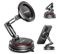 SYNCWIRE Supporto Auto MagSafe [Design Pieghevole a Doppia Cerniera a 3 Assi] Supporto con Ventosa Potente, Rotazione a 360°, Compatibile con iPhone Serie 12-17 e Cover MagSafe, Fibra di Carbonio