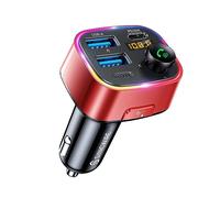 SYNCWIRE Trasmettitore FM Bluetooth 5.4 per Auto, 48W (PD 36W e 12W) Doppio USB di Ricarica Adattatore Auto, Radio Ricevitore Wireless, Display LED, Chiamate in Vivavoce, Supporto unità USB, Rosso