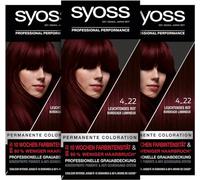 Syoss Color Coloration 4_22 rosso brillante livello 3 (3 x 115 ml), colore permanente per capelli fino a 10 settimane di intensità del colore e 70% di rottura dei capelli*