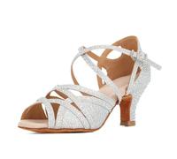 Syrads Donne Strass Scarpe da Ballo Sala Latino Salsa Danza Tacchi Scarpe Peep Toe Cross Strap Scarpe Donna,Argento 6cm Heel,39 EU
