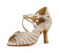 Syrads Scarpe da Ballo da Sala con Strass da Donna Scarpe da Ballo Salsa Latina Scarpe da Ballo con Cinturino Incrociato Scarpe da Ballo da Sala,Champagne Gold 7.5cm Heel,39 EU