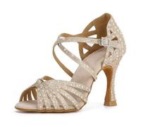 Syrads Scarpe da Ballo da Sala con Strass da Donna Scarpe da Ballo Salsa Latina Scarpe da Ballo con Cinturino Incrociato Scarpe da Ballo da Sala,Champagne Gold 9cm Heel,40 EU