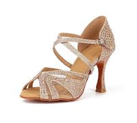 Syrads Scarpe da Ballo Latino Salsa Donna Scarpe da Ballo da Sala Tango Valzer Kizomba Bachata Danze al Coperto,Oro 9cm Heel,38 EU