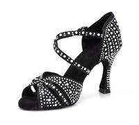 Syrads Womens Professional Latin Dance Shoes Open Toe Salsa Bachata Dance Shoes Glitter Strass Salsa Latin Dancing Heels,Nero 9cm Heel,39 EU