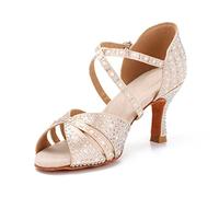 Syrads Womens Professional Latin Dance Shoes Open Toe Salsa Bachata Dance Shoes Glitter Strass Salsa Latin Dancing Heels,Colore Chiaro 7.5cm Heel,38 EU