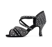 Syrads Womens Professional Latin Dance Shoes Open Toe Salsa Bachata Dance Shoes Glitter Strass Salsa Latin Dancing Heels,Nero 7.5cm Heel,39 EU