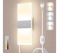 Sytmhoe 12W Applique Da Parete Con Spina e Interruttore Dimmerabile, 3000K 4500K 6000K Moderna E27 Led Lampada Al Muro Camera Da Letto Soggiorno, Argento Acrilico Soppalco Luce a Muro Interno