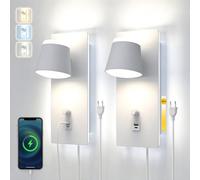 Sytmhoe 3CCT Appliques da Parete Comodino con USB, Interruttore e Spina | 2 pezzi, Con Tipo-C Luminosità dimmerabile, bianco 25W 3000K 4500K 6500K luce selezionabili per soggiorno camera da letto