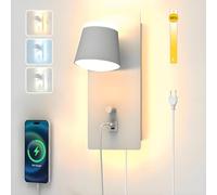Sytmhoe Lampada da parete bianca dimmerabile, con interruttore, porta di ricarica USB di tipo C, 3000 K, 6000 K, 4500 K, 25 W, 2000 lm, per camera da letto, interno con cavo e spina, soggiorno