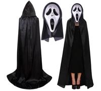 SYTTNUM Maschera Halloween Scream Mantello Nero con Cappuccio Spaventosa Maschera Halloween Costume per Adulti Costume Accessori per Cosplay Carnevale Feste