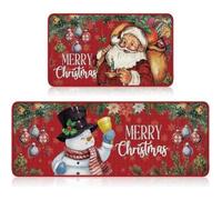 SYTTNUM Zerbino Natalizio,Set di 2 Tappeti da Cucina Merry Christmas,Tappetino con Motivo Babbo Natale Pupazzo di Neve,Antimacchia e Antiscivolo,Decorazioni Natalizie,2pezzi 40x60cm&40x120cm