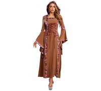 Sywiyi Abito da donna gotico, lungo, con cappuccio, con lacci, abbigliamento medievale, per il rinascimento, gioco di ruolo, carnevale, carnevale, kaki, 3XL