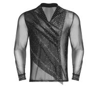 Sywiyi Camicia da ballo da uomo, latina, rumba samba, costume da danza con brillantini, a maniche lunghe, con scollo a V, per ballroom, Nero , S