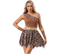 Sywiyi Costume da donna caverna, con motivo leopardato, con una spalla, mini abito da uomo delle caverne, per carnevale, età della pietra, colore marrone scuro, taglia L