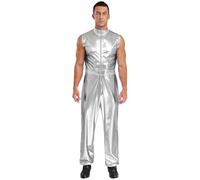 Sywiyi Costume da uomo astronauta spaziale, tuta lucida, senza maniche, per carnevale, colore argento, taglia L