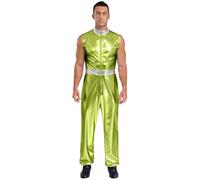 Sywiyi Costume da uomo astronauta spaziale, tuta lucida, senza maniche, per carnevale, colore verde fluorescente, 3XL
