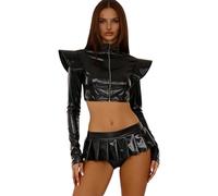 Sywiyi Crop Top da donna a maniche lunghe con minigonna, culottes, pantaloncini lucidi, discoteca, feste club, colore nero, M