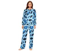 SyXIOP Animal Skin Leopard Blu Nero Morbido 2 Pezzi Pile Lounge Set per le Donne Manica Lunga Girocollo Pj Set, Pelle Animale Leopardo Blu Nero, L