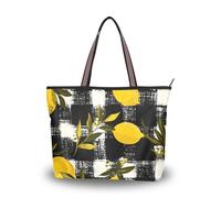 SyXIOP Autunno Lemon Plaid Gingham Tessuto di seta nero con cerniera borse da lavoro borse riutilizzabili per donna borsa per tutti i giorni e viaggi, Quadretti autunnali a quadretti color limone nero