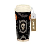 SyXIOP Bicchieri da caffè da donna in acciaio inox con teschio di zucca arancione e zucca, con coperchio, da viaggio, per bevande calde e fredde, 500 ml, a prova di perdite