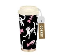 SyXIOP Bicchieri da caffè da viaggio in acciaio inox con motivo di gatti bianchi in stile cartone animato, con coperchio, per bevande calde e fredde, 500 ml, a prova di fuoriuscite