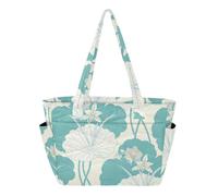 SyXIOP Borsa da piscina con cerniera, borsa da spiaggia, motivo gigli e foglie, verde e bianco