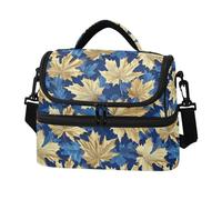 SyXIOP Borsa per il pranzo a doppio strato blu e oro vintage foglia d'acero doppio ponte borse più fresche con tasca laterale in tessuto per spiaggia, campeggio, viaggi su strada termica para Frio y