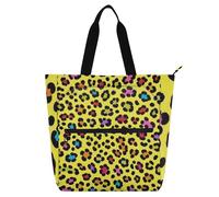 SyXIOP Borsa per libri artistica per ragazzi ragazze donne, colore alla moda leopardato giallo tasche multiple biblioteca libro tote shopping bag con manici con cerniera per la scuola shopping tela