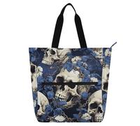SyXIOP Borsa per libri Borsa per libri per bambini, donne, uomini, fiori blu, teschi, hippie, resistente agli strappi, borsa da spiaggia con cerniera per scuola, lavoro, viaggi bolsos para guardar