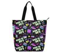 SyXIOP Borsa per libri per bambini per gli amanti dei libri, Back To The 80's Neon Retro Seamless Pattern 600D tessuto Oxford riutilizzabile borsa della spesa con cerniera per la scuola shopping