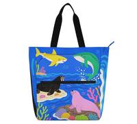 SyXIOP Borsa per libri per bambini per gli amanti dei libri, leoni marini e delfini colorati manici in tessuto intrecciato Ragazze Resuable Shopping Bag con cerniera per College Shopping Beach de tela