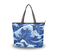 SyXIOP Borsa tote in tessuto di seta Ukiyo-e blu in stile giapponese con cerniera, comode borse in pelle da donna per tutti i giorni e viaggi, Ukiyo-e Blue Wave in stile giapponese, Medium