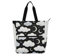 SyXIOP Borsa tote per bambini, donne e uomini, nuvole bianche e nere con luna resistente agli strappi, riutilizzabile, borsa da spiaggia con cerniera per scuola, shopping, viaggi, mochilas para