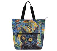 SyXIOP Borsa tote per libri per bambini per ragazzi ragazze donne, gatto nero stile Van Gogh tasca esterna con cerniera borsa della spesa riutilizzabile con cerniera per la scuola shopping viaggi