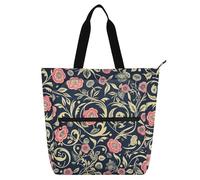 SyXIOP Borsa tote per libri per bambini per ragazzi ragazze donne stile William Morris floreale blu scuro pesca manici in tessuto intrecciato borse per insegnanti borse con tasche interne per college