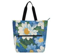 SyXIOP Borse per libri per gli amanti dei libri, bellissimi fiori bianchi blu resistenti all'acqua borsa della spesa riutilizzabile con tasche con cerniera per la scuola shopping viaggi bolsa para