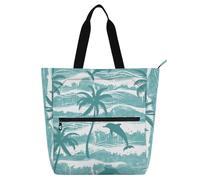 SyXIOP Carino Libro Tote Bag per gli amanti dei libri, verde delfino cocco albero resistente all'acqua Piano lezione borsa per la scuola Shopping Beach tela para