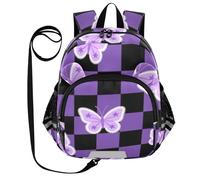 SyXIOP Cute Ears, zaino per la scuola per bambini con guinzaglio per bambine, anti-smarrimento, con striscia riflettente, farfalle, motivo a scacchi nero e viola, Farfalle Nero Viola Motivo A Scacchi