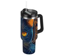 SyXIOP Gatto con gli occhi gialli, stile boho, bottiglia d'acqua sottovuoto a bocca larga, in acciaio inox, con coperchio con cannuccia, tazza decorativa da ufficio per acqua, tè freddo o caffettiera