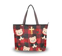 SyXIOP Gothic Black Red Plaid Cute Bear tessuto di seta con cerniera donna tote bag alla moda borse a tracolla per le donne per tutti i giorni e viaggi, Gotico Nero Rosso Plaid Orso Carino, Large