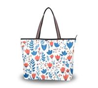 SyXIOP Graziosi piccoli tulipani rossi e blu in tessuto di seta con cerniera borse da viaggio riutilizzabili grandi borse e borse per tutti i giorni e viaggi, Simpatico motivo a tulipani rossi e blu