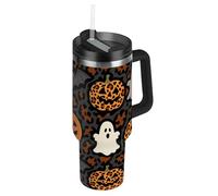 SyXIOP Halloween Arancione Leopardo Zucca Vuoto Bocca Larga Bottiglia D'acqua Corsa Con Coperchio Cannuccia Tazza Da Viaggio Decorativa con Manico per Casa, Ufficio o Auto Termo para agua Acero