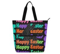 SyXIOP Kid Tote Bag per ragazzi ragazze donne, Pasqua nero leopardo stampa coniglio tasche multiple biblioteca libro borsa con cerniera per la scuola shopping drogheria bolso para libros de