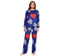 SyXIOP Moda Blu Navy Cuore Leopardo Morbido Pile Sleepwear per le Donne Manica Lunga Nightwear Pullover e Pantaloni Set, Moda Blu Navy Cuore Leopard, M