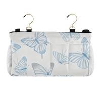 SyXIOP Organizer da comodino a righe blu con farfalla bianca, organizer da appendere per dormitorio universitario essenziale, sponde letto ospedaliero, organizzatore da campeggio colgante para cama