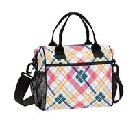 SyXIOP Peach Yellow Plaid Lines Fresh Leakproof Lunch Box Cooler Bag con tracolla Lunch Tote per le donne per il viaggio bultos para lonches