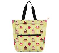 SyXIOP Simpatica borsa per libri per bambini e adulti, a righe gialle per pasticceria francese e frutta, manici in tessuto resistente, per insegnanti, biblioteca, scuola, shopping, spiaggia, bolso